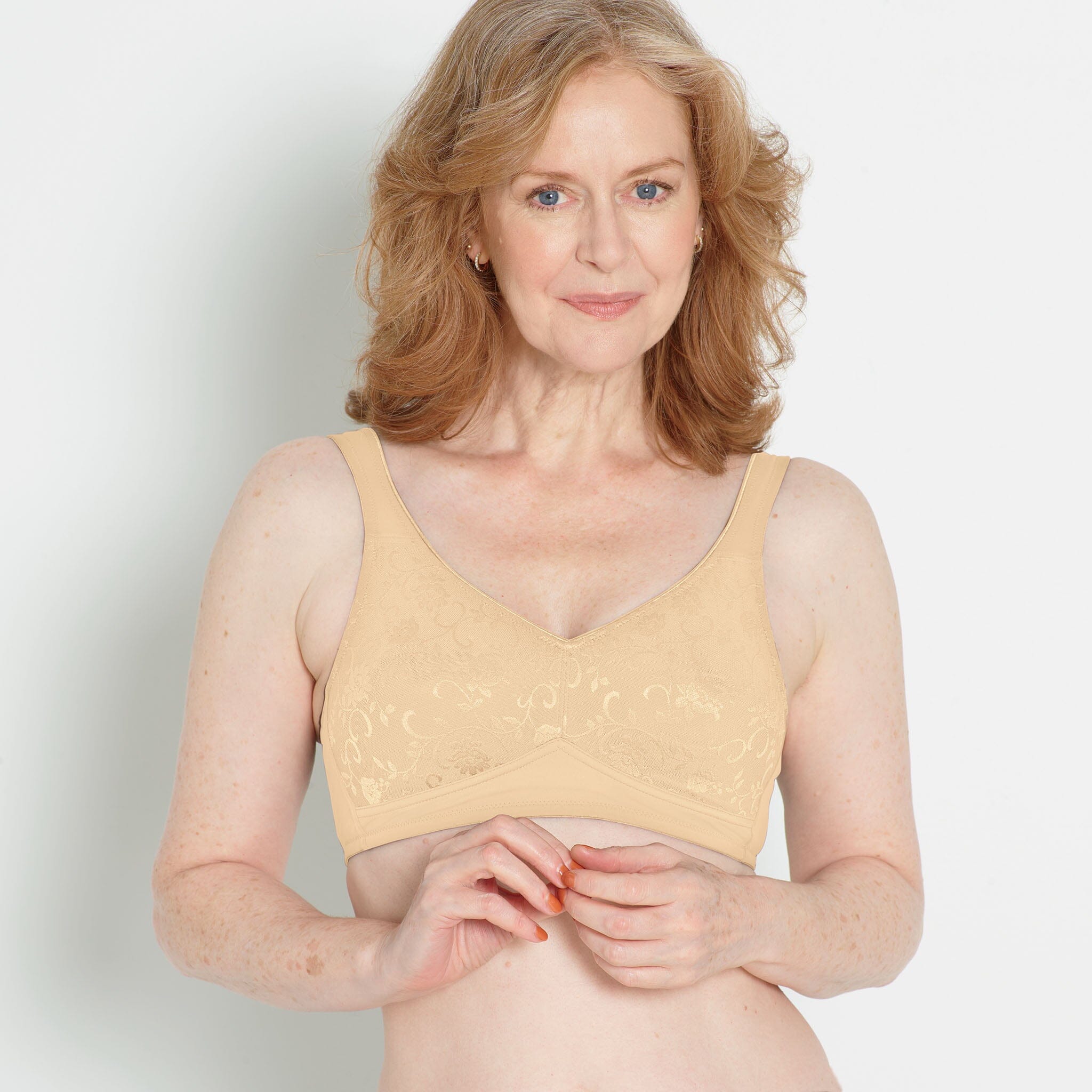 Womens Mastectomy Pockets Wireless Post-Surgery Plus Size Sleep Bra Beige  42C